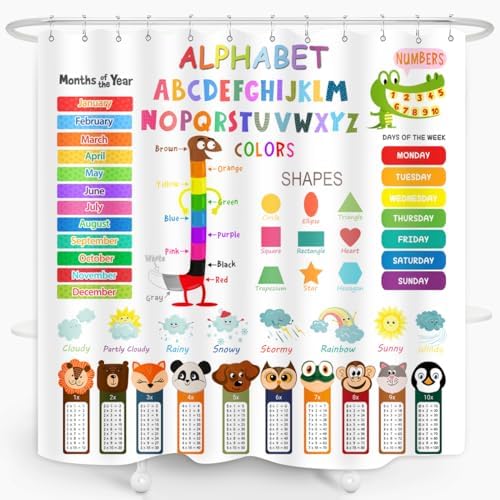 ABC Educational Shower Curtain with Hooks for Kids