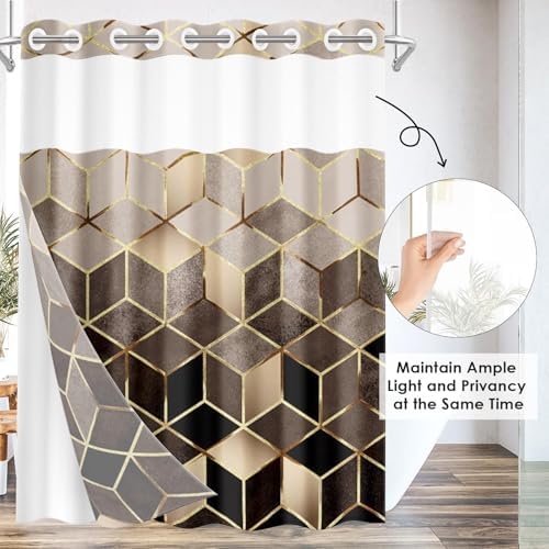Nesphy No Hook Brown Shower Curtain Set with Clear Top Window