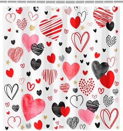 Valentines Day Red and Black Heart Shower Curtain Set with 12 Hooks