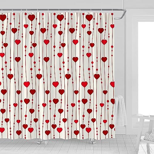 Red Heart Valentines Day Shower Curtain with Hooks