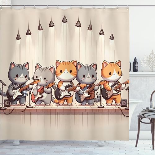 Ambesonne Kawaii Anime Cat Guitar Shower Curtain Set