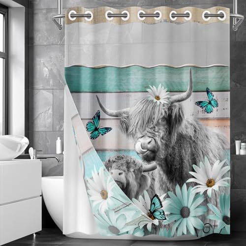 Nesphy No Hook Highland Cow Shower Curtain Set 1