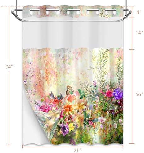 Tonmue Spring Summer Floral Hookless Shower Curtain Set 1
