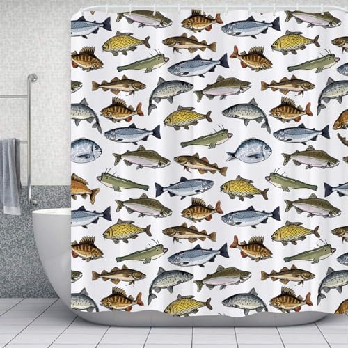 Yomane Fish Print Shower Curtain Set with 12 Hooks 72x72