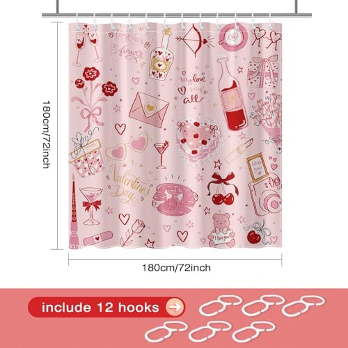 Pink Valentines Day Shower Curtain Set with 12 Hooks 72x72 Inches