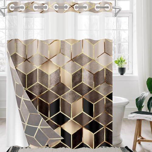 Nesphy No Hook Brown Shower Curtain Set with Clear Top Window