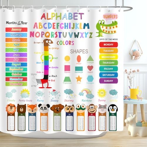 ABC Educational Shower Curtain with Hooks for Kids