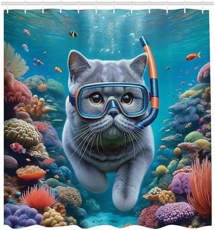 Ambesonne Funny Grey Cat Diving Ocean Shower Curtain Set