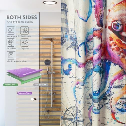 Lokigo Nautical Octopus Shower Curtain 36x72 with 7 Hooks