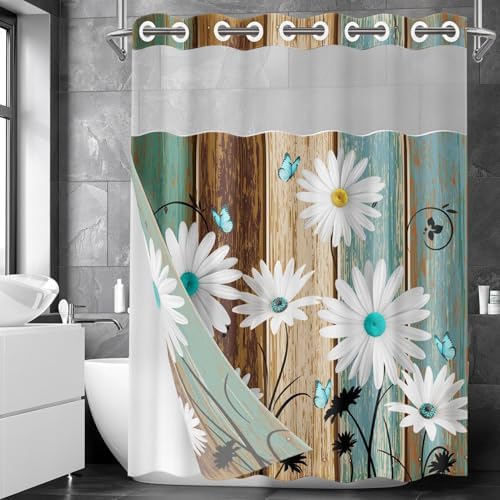 Nesphy Farmhouse Shower Curtain Set with Snap Liner White Daisy Butterfly Design