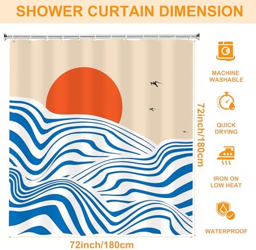 Ocean Waves Shower Curtain with Hooks 72x72 Inch