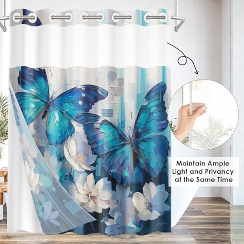 Nesphy No Hook Blue Butterfly Shower Curtain Set 1