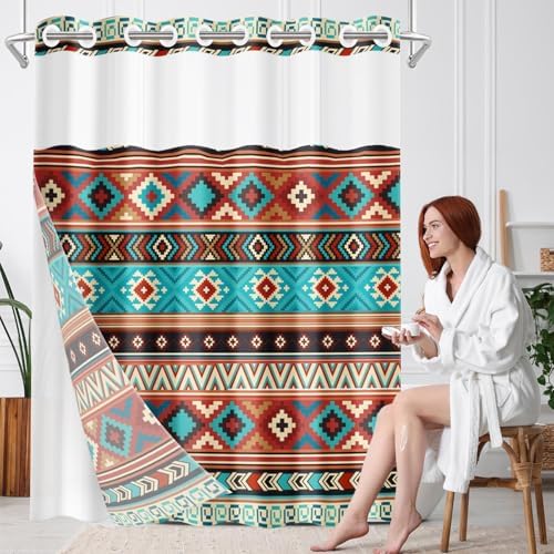 Nesphy No Hook Aztec Bohemian Shower Curtain Set