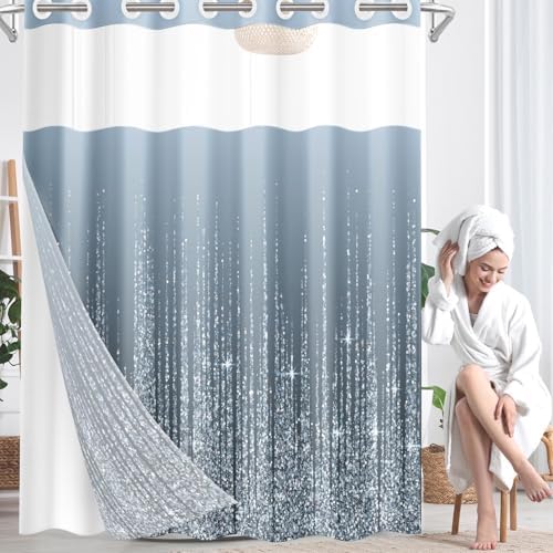 Nesphy No Hook Silver Dots Shower Curtain Set