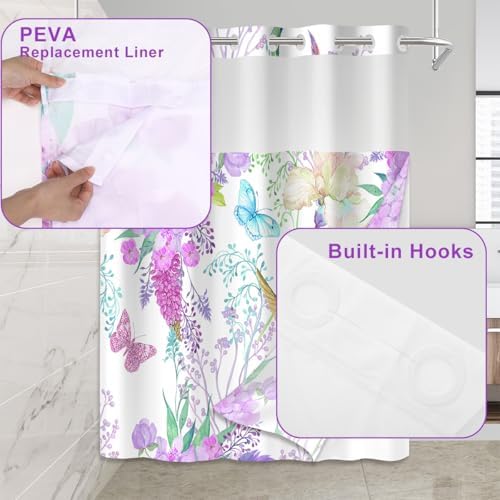 Mightree Purple Floral No Hook Shower Curtain Set