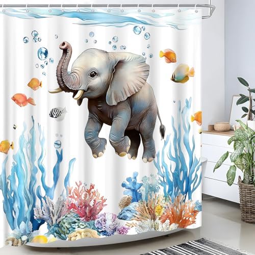Funny Nautical Elephant Shower Curtain Set with Hooks 70x70