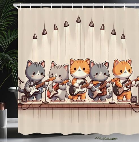 Ambesonne Kawaii Anime Cat Guitar Shower Curtain Set
