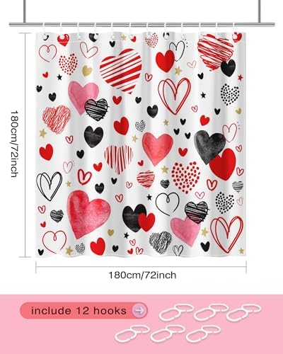 Valentines Day Red and Black Heart Shower Curtain Set with 12 Hooks