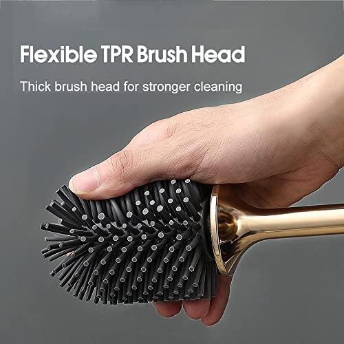 YIORYO Toilet Brush with Long Handle and Holder Set - Gray and Gold Design