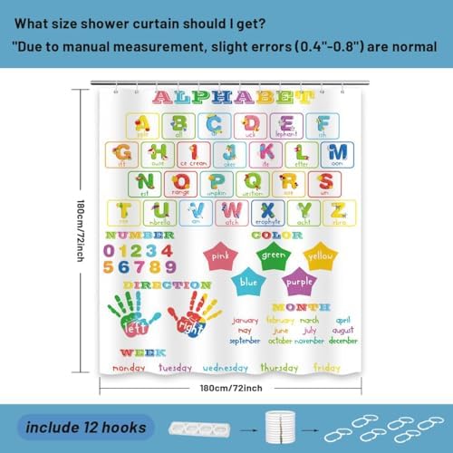 ABC Learning Shower Curtain for Kids 70x72 inch Waterproof with Hooks