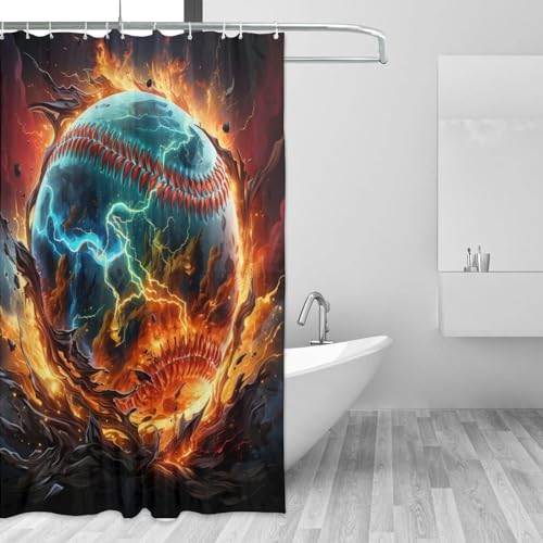 Red Flame Baseball Shower Curtain Set with 12 Hooks 1
