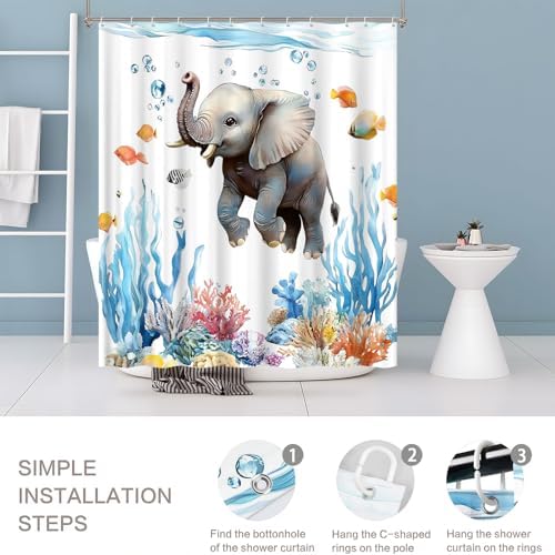 Funny Nautical Elephant Shower Curtain Set with Hooks 70x70