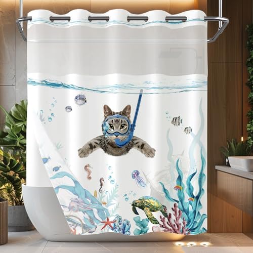 Fowocu Funny Cat Nautical Shower Curtain Set Teal Blue Ocean