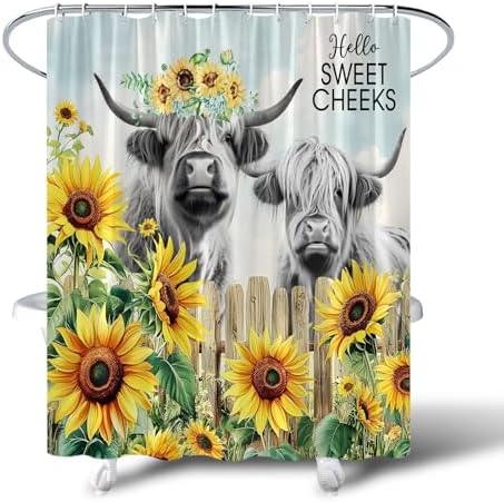 Rustic Cow Shower Curtain with Sunflower Floral Design