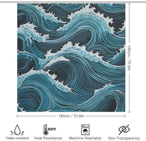 Blue Wave Boho Shower Curtain Set with 12 Hooks 72x72in