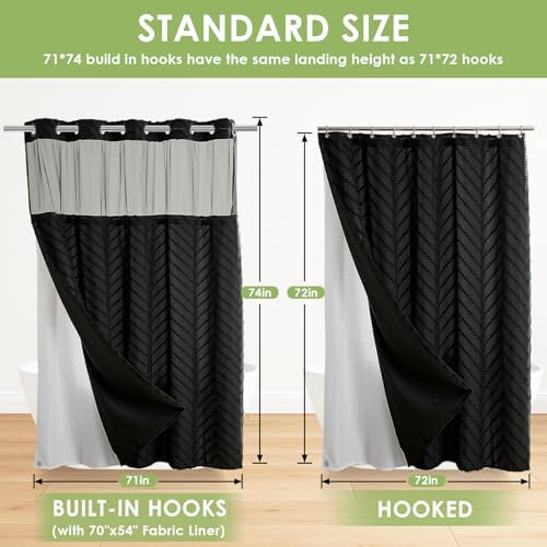 Nesphy Hookless Boho Shower Curtain Set Black Chevron Textured Double Layers Waterproof Liner