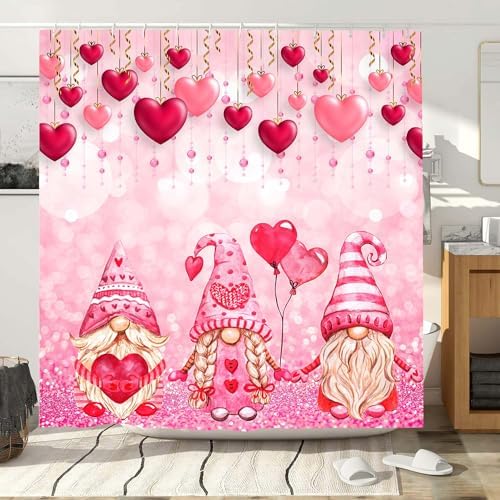 Valentines Day Gnome Shower Curtain with Glitter Love Heart Design