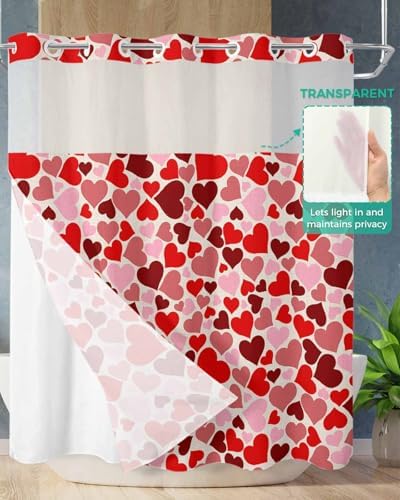 No Hook Shower Curtain with Snap Liner Set 72x78 Red Pink Heart Design