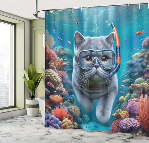 Ambesonne Funny Grey Cat Diving Ocean Shower Curtain Set