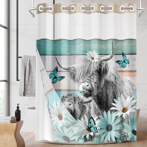 Nesphy No Hook Highland Cow Shower Curtain Set 1