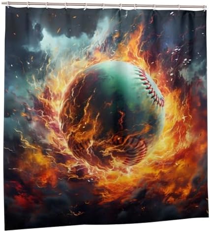 Red Flame Baseball Shower Curtain Set with 12 Hooks