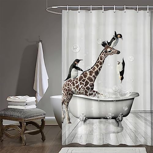 Banonaty Funny Giraffe Penguin Shower Curtain Set