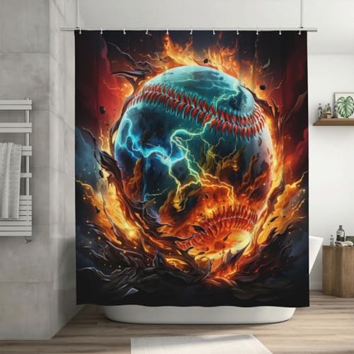 Red Flame Baseball Shower Curtain Set with 12 Hooks 1