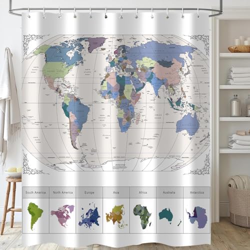 iTapnoom World Map Shower Curtain with 12 Hooks