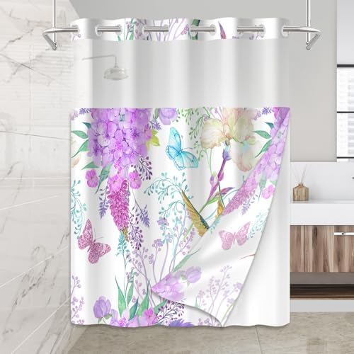 Mightree Purple Floral No Hook Shower Curtain Set