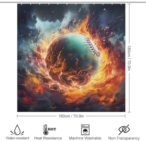 Red Flame Baseball Shower Curtain Set with 12 Hooks