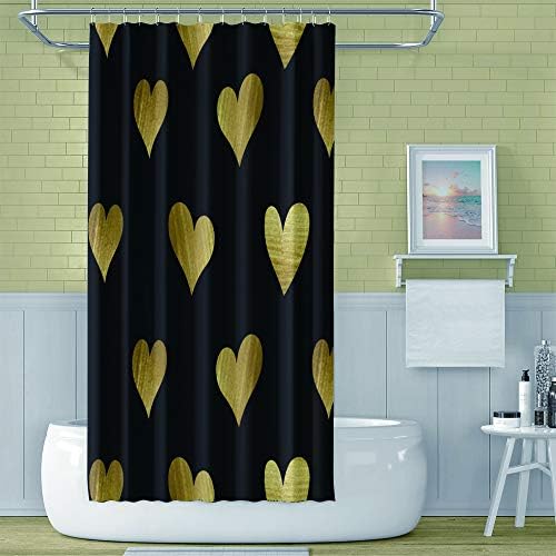 OERJU 65x72inch Golden Heart-Shaped Shower Curtain with Twinkling Patterns and Hooks