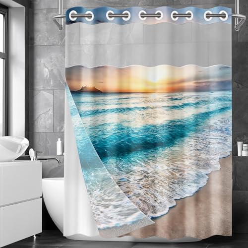 Nesphy No Hook Beach Shower Curtain Set 71x74 Inch