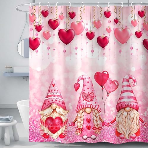Valentines Day Gnome Shower Curtain with Glitter Love Heart Design