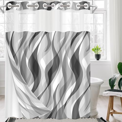 Nesphy No Hook Grey Shower Curtain Set with Clear Top Window 1