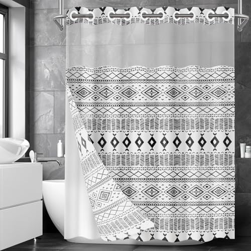 Nesphy No Hook White Black Shower Curtain Set