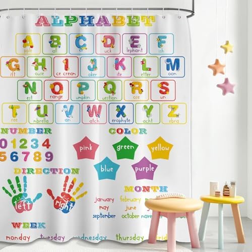 ABC Learning Shower Curtain for Kids 70x72 inch Waterproof with Hooks