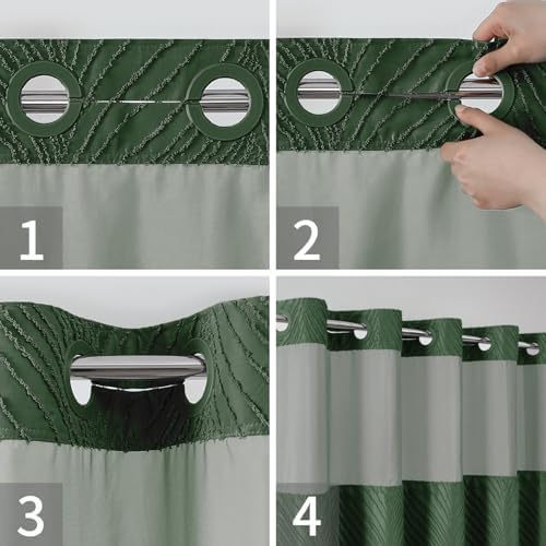 No Hook Dark Green Boho Shower Curtain Set with Snap Liner