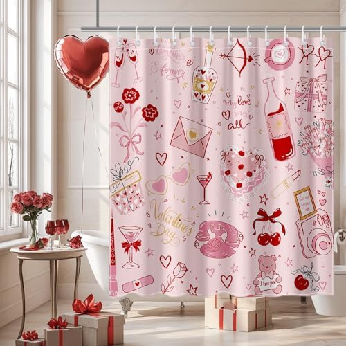 Pink Valentines Day Shower Curtain Set with 12 Hooks 72x72 Inches