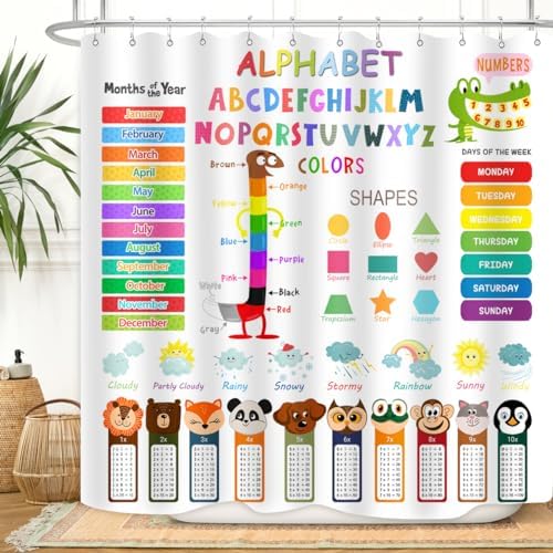 ABC Educational Shower Curtain with Hooks for Kids