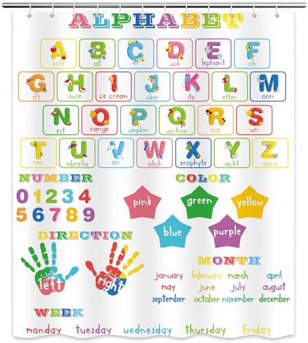 ABC Learning Shower Curtain for Kids 70x72 inch Waterproof with Hooks